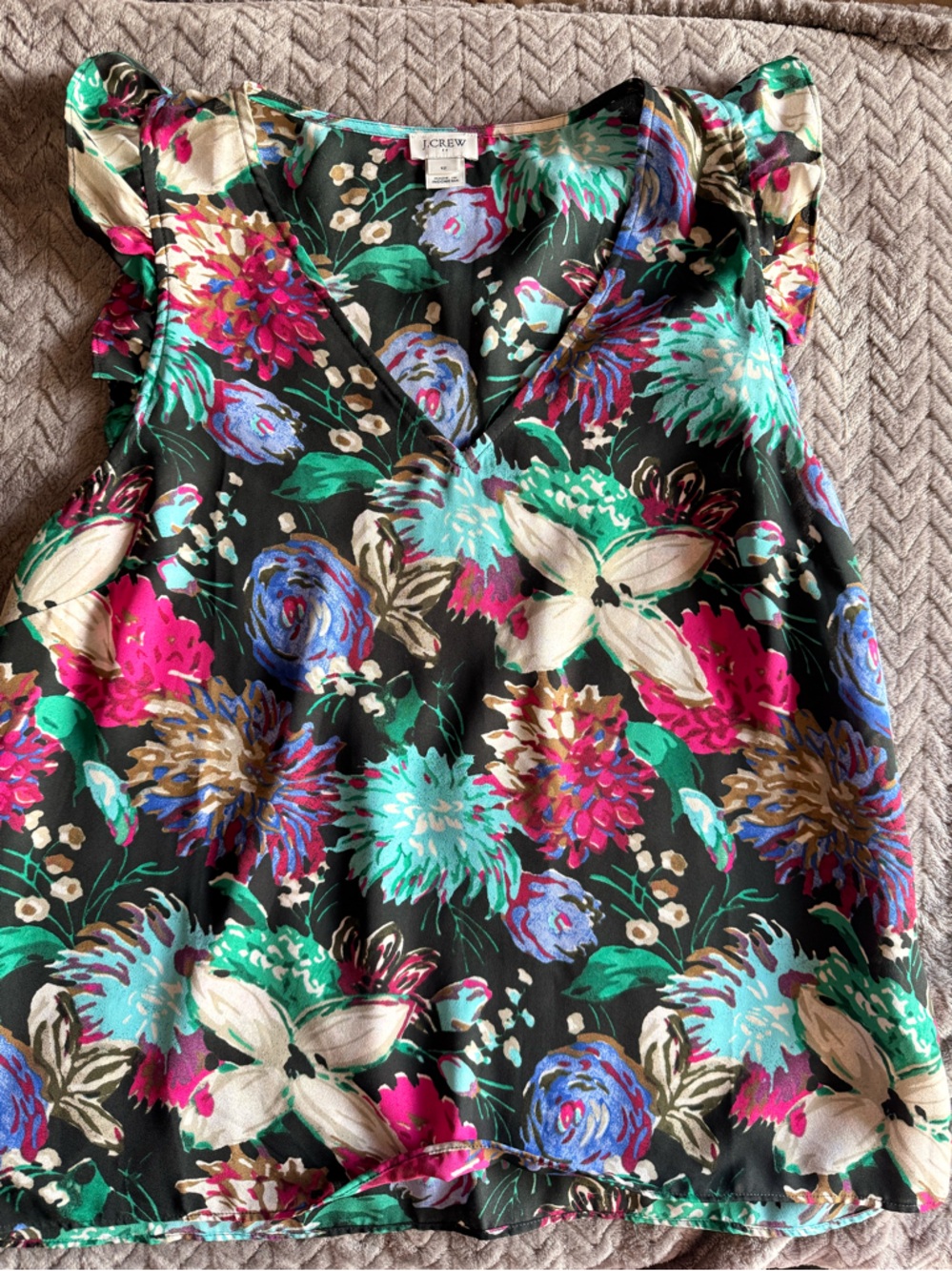 J. Crew Black Floral V-Neck Shell with Teal and Fuchsia Accents